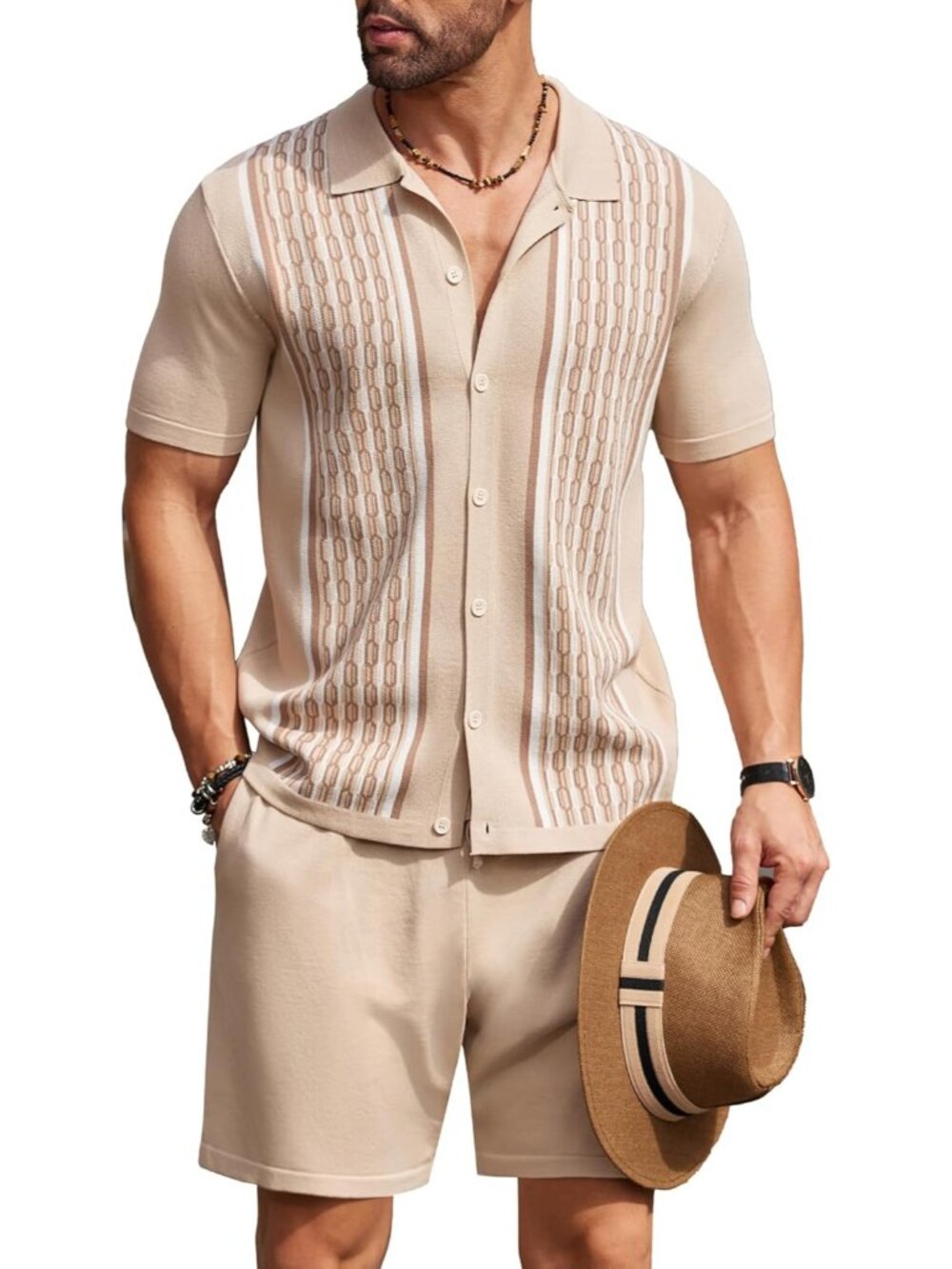 Coofandy Men's 01-light Khaki Vintage Short Sleeve Button Down Knit Polo Shirts
